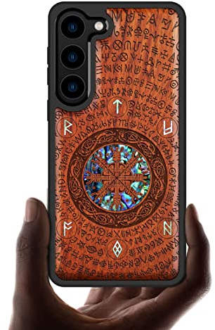 Carveit Designer Wooden Case for Samsung Galaxy S23 Plus Case Cover [Wood Engraving & Shell Inlay] Unique Wood Phone Case Compatible with Wireless Chargers Galaxy S23 Plus Case (Viking-Red Wood)