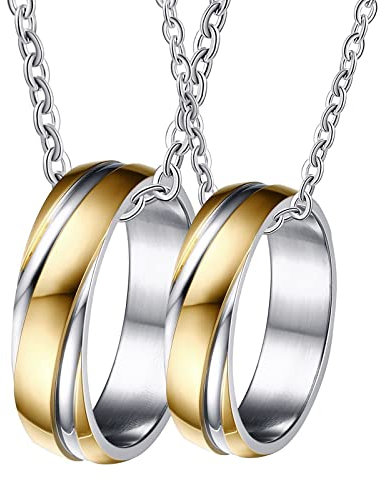 BCughia Partnerketten mit Ring, Partner Kette Ring Gold Halskette Gravieren Gold Silber Ring 6 mm Necklace Jubiläum Ehemann