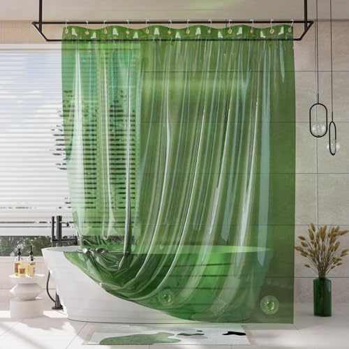 AmazerBath Shower Curtain Liner, 100% EVA Clear Green Heavy Duty Luxury Shower Curtain and Liner 2-in-1 for Spring, 72x72 Plastic Weighted Shower Liner, 12 Rustproof Grommets & 3 Heavyweight Stones
