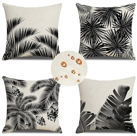 Outdoor Wetterfest Kissenbezug 80x80 cm 4er Set Schwarz Kissenbezüge Weiss Outdoor Kissen Wasserdicht Leinen Sofakissen Dekokissen für Garten Couch Terrasse Bank Stuhl Outdoor Heimdekoration Geschenke