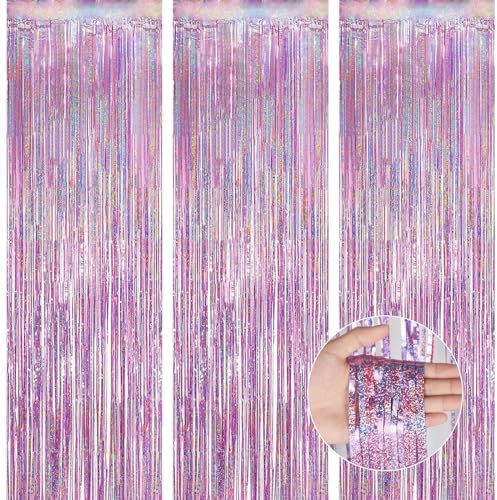 OFFCUP Lametta Vorhang, 3pcs Metallische Glitzervorhang Fringe, Tinsel Folie Vorhang Lametta Vorhänge Glitzer Vorhang Folie Hintergrund Folien Fransen Vorhänge für Geburtstag Party (Hell-Pink)
