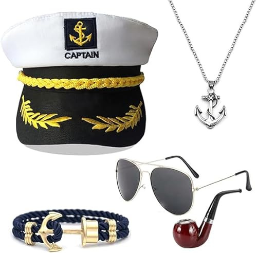 OWOAOOwl Yacht Kapitän Hut Kapitänsmütze Kostüm Set,Verstellbare Yacht Schiff Boot Marine Mütze Mit Sonnenbrille,Kapitänsmütze für Erwachsene Damen Männer für Karneval Mottoparty Partys Cosplay