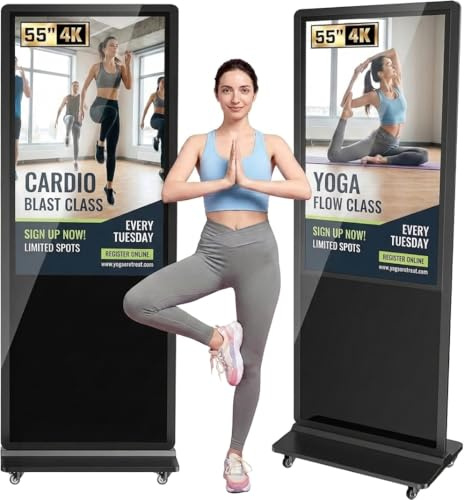 YCKJNB 55 Digital Signage Display, Freestanding Advertising Player with 4 Wheels, 450 Nits 4K LCD Commercial Digital Kiosk Poster, WiFi/HDMI/USB, Android OS, Ideal for Retail Restaurants & Malls
