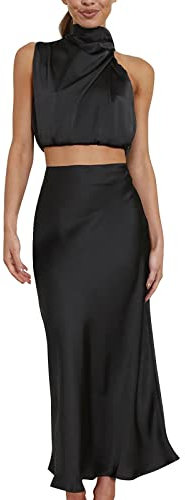 Skang 2 Teiler Damen Rock Und Oberteil Damen Sommer Langes Formales Satin Kleid Stehkragen Ärmellos Seitenschlitz Flowy Maxi Tank Zweiteiliges Oberteil und Rock Minirock Stretch