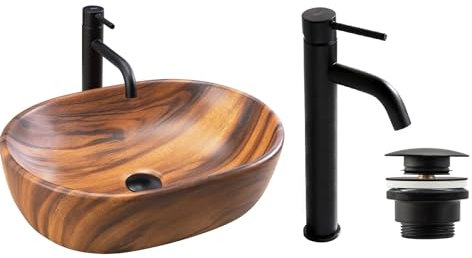 GTM Design Aufzatzwaschbecken mit Armatur - Waschbecken mit Hahn - Waschbeckenarmatur Schwarz - Aufzatzwaschbecken Oval - Waschbecken Holzfarben Matt - Aufsatzwaschbecken mit Armatur komplett Set