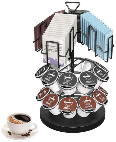Baymate Support pour Capsules de Café Carrousel à 3 Niveaux pour Capsules 360 Degrés Rotable Porte-Capsule de Café pour 20 Capsules et 40 Sachets de Thé Etagère en Métal Noir