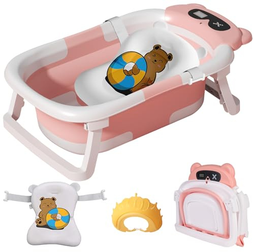 LiveGo Bañera plegable para bebés y niños pequeños, bañera para recién nacidos con termómetro y cojín flotante, para recién nacidos de 0 a 24 meses (rosa)