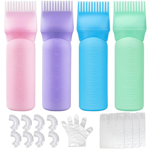 Decorniqu Hair Oil Applicator Bottle 4 Pack Root Comb Applicator Bottle Hair Oil Applicator 6 Ounce Root Come Oiling Applicator Hair Dye Brush for with Graduated Scale