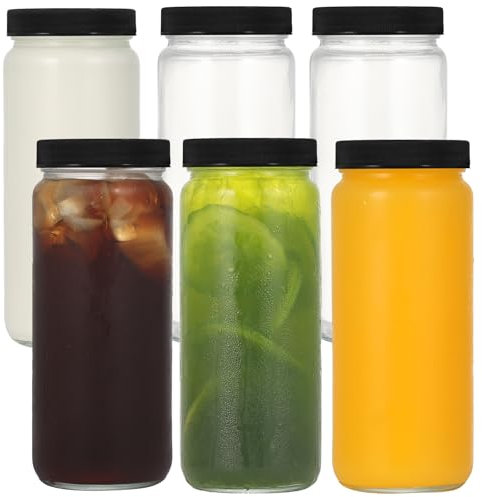 LIMILI 6pcs 500ml Glass Juice Bottles with Lids, Reusable Wide Mouth Glass Water Bottles, Clear Glass Bottles for Juicing, Milk, Hot Cold Drinks, Homemade Beverages (Black)