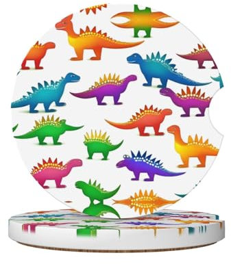 Keramik-Untersetzer für Getränkehalter, buntes Dinosaurier-Motiv, 6,4 cm, Korkboden, hält Getränkehalter im Auto trocken und sauber, 2 Stück