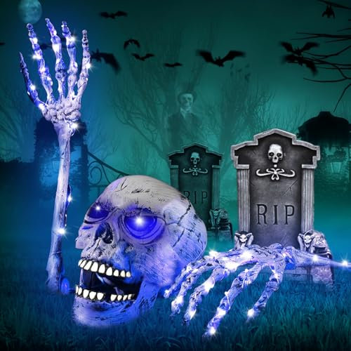 Skelett Totenkopf Set,Halloween Deko Outdoor Totenkopf Deko,LED Leuchtend Skelett Schädel Totenkopf & 2 Schädel Hände,Gruselig Skelett Realistische Halloween Dekoration für Garten Yard Friedhofsdeko