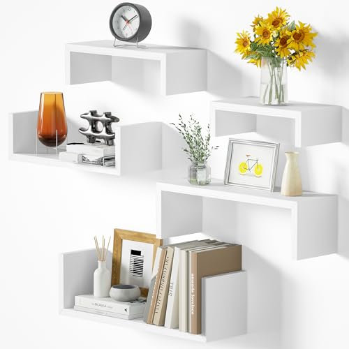 SRIWATANA Wandregal Weiß 5 Stück, Regal Wand Holz, Schweberegale Max Belastung 40kg, Moderne Wandboard Deko, DIY Wandmontage Hängeregale für Wohnzimmer Badezimmer Schlafzimmer Büro Küche (Rein Weiß)
