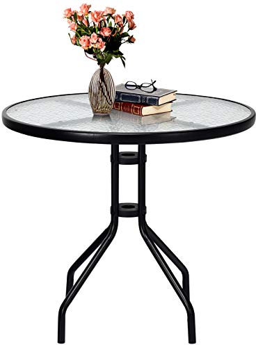 GYMAX Tavolo da Giardino, Tavolino Rotondo con Piano in Vetro, Struttura in Metallo, Foro per Ombrellone da 43 mm, Design Moderno con Motivo a Onde d'Acqua, per Esterno, Patio, Cortile, 70x71cm