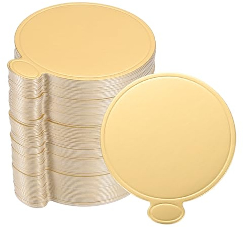 sourcing map 200pcs Mini Cake Boards, Mousse Cake Cardboards Round Cake Bases Plates Cupcake Dessert Displays Base Tray for Cupcakes, Cakes, Dessert Base - Grease Proof (Gold)
