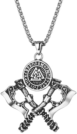 JewelryWe Wikinger Axt Halskette Herren Edelstahl Valknut Rune Doppelaxt Anhänger Kette Nordische Mythologie Odin Krieger Amulett Vintage Piraten Schmuck Geschenk für Männer Silber