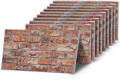K&B Panels 3D Wall Panels, Rustic Brick Effect Styrofoam Wall Panelling Kit, Lightweight, Easy to Install, Dual Insulation to Reduce Acoustic Noise, Indoor & Outdoor (Rustic Tuscan Red) (10 Panels)