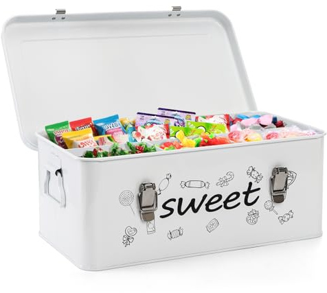 Frcctre Candy Storage Box, 4 Compartments Metal Candy Cookies Snacks Storage Tin Box with Lid Food Storage Container Farmhouse Kitchen Pantry Canister with Handle and Safety Lock