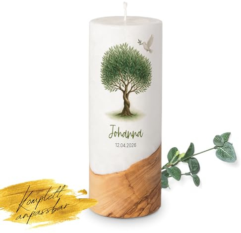 MOMENTU® Taufkerze personalisiert Holzelement Lebensbaum Ø8 x 20 cm - [Docht] Taufgeschenk für Jungen Mädchen, Taube mit Zweig, Olivenbaum, Bonsai, Blätter, selber machen gestalten, Taufsymbol