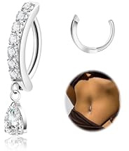 SOMEITIA 14G G23 Pure Titanium Clicker Belly Button Ring for Women Teardrop Navel Ring Curved Reverse Belly Ring CZ Belly Navel Piercing Jewelry Silver