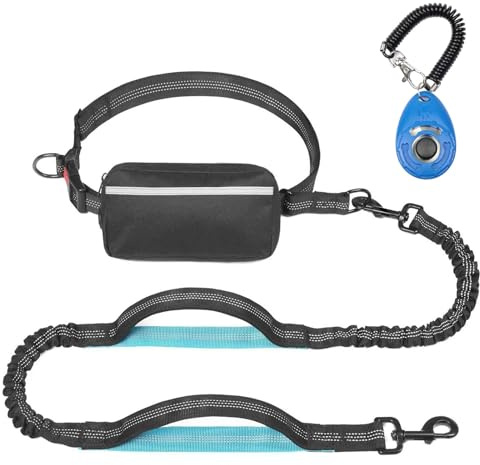 Guinzaglio da jogging per cani – Guinzaglio a mano libera con fermo, marsupio rimovibile e cintura di sicurezza, con clicker, per tutte le razze di cani, per jogging e ciclismo (nero)