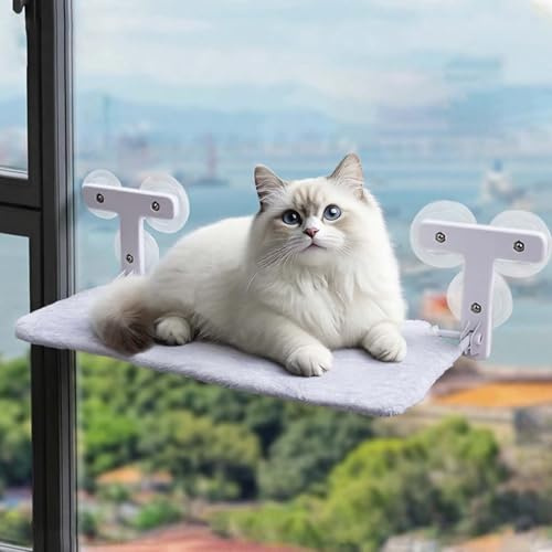 Katzen Hängematte Fenster 52x30cm, katzenbett Fenster Wendbare Matte Klappbar Katzenbett Fenster mit Stabil Saugnäpfe bis zu 18kg (Grau mit Flaum, 52X30cm)