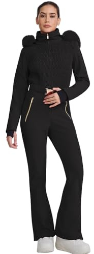 HOTIAN Damen Einteiler Skianzüge Skioverall Wasserdicht Winddicht Damen Schneeanzug Winter Warme Jumpsuit Snowboard Skisuit Mit Kapuze Black L