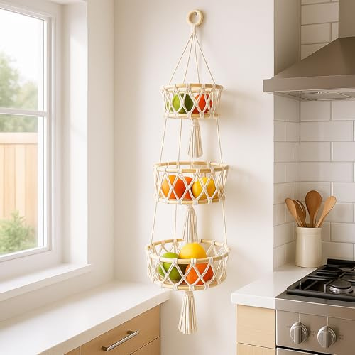 Zevmi Corbeille à fruits à 3 étages suspendue bohème : corde en coton macramé rangement pour fruits et légumes tissé à la main cuisine camping convient pour les familles