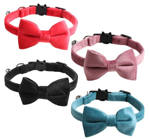 Gatuida 4 Stück Samtiges Katzenhalsband Glocke und Schleife Verstellbar Sicherer Breakaway-Verschluss Leichtes für Kleine Weiches Samtiges Material für Alltag und Festtage