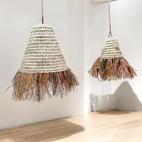 Lampada a sospensione conica in rafia multicolore con frange in foglie di palma, paralume in vimini intrecciato stile bohemian
