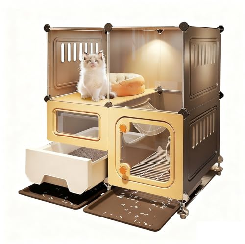 Transparentes Katzengehege mit Katzentoilette Katzenkäfig mit Ausziehbare Bodenschale für Katzen, Kaninchen, Frettchen, Meerschweinchen