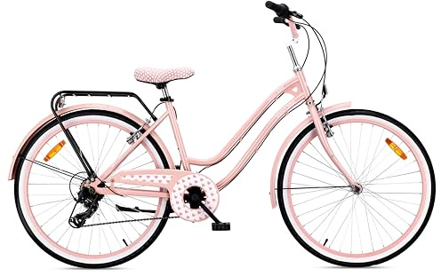 sun baby HEART BIKE Stadscykel dam 26 och, cykel för kvinnor, flickor, barncykel 26 - 7 växlar, V-bromsar, stålram, pakethållare, stänkskärmar - Rosa