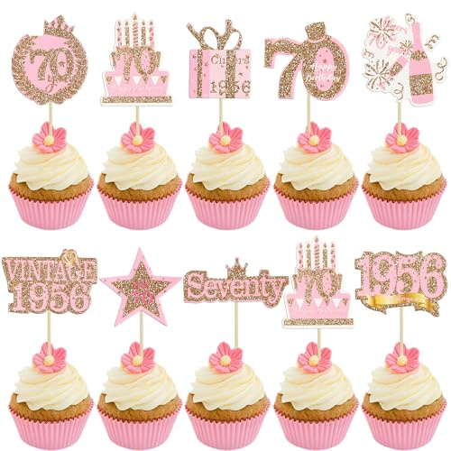 Gyufise 36Pcs Happy 70th Birthday Cupcake Toppers Glitter Rose Gold Seventy Hello 70 Vintage 1956 Cupcake Picks Cheers to 70 Years 70 Fabulous Cake Decorations for 70th Birthday Party Supplies