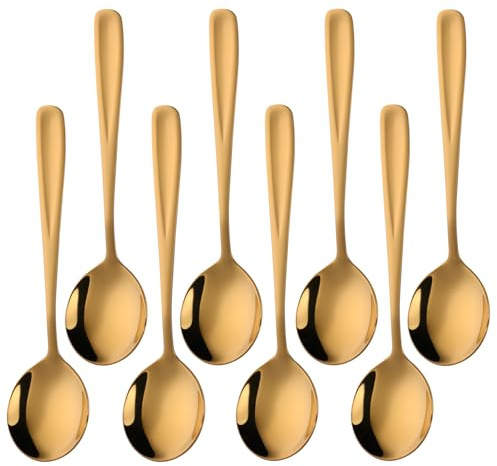 TUPMFG 8-Piece 17.5 cm Stainless Steel Round Soup Spoons - Dinner & Table Spoons, Durable Metal Dessert Spoons, Sliverware Dishwasher Safe (Gold)