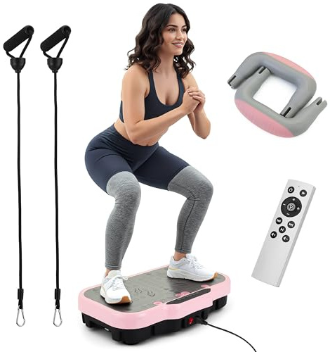 Krafitive® Vibrationsplatte für Ganzkörpertraining, Fußmassage, Rosa | Liegestütz-Griffe für Brust, Schultern & Rumpf, 200 Intensitätsstufen, mit zwei Widerstandbände, bis 120 kg