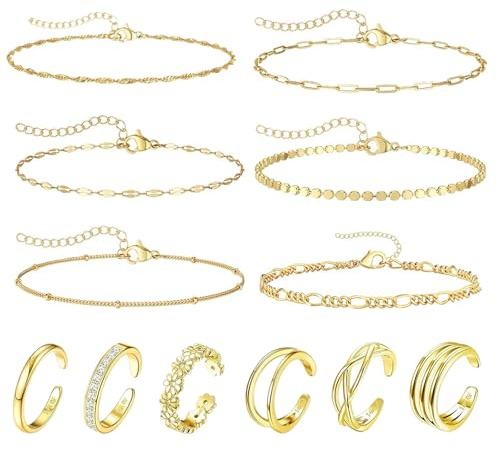 HTTDSLF 12 Pcs Anillos de Dedo del Pie, Ajustable Anillo Abierto para Mujer, Pulsera Tobillo de Moda, Anillos de dedo Ajustables, para Pie Summer Beach, Oro