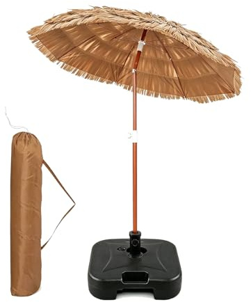 COSTWAY Ombrellone da Spiaggia 175 cm, Ombrelloe di Paglia PP con Borsa, Parasole Hawaiano con Inclinazione Regolabile, con Base, per Spiaggia Giardino Piscina (175 cm con Base)