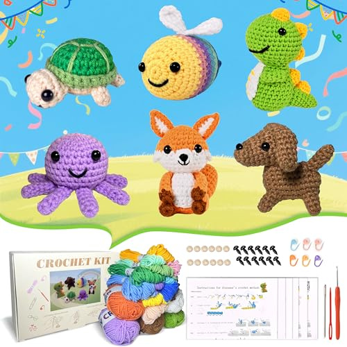 Alutaba Häkelset für Anfänger, 6pcs Amigurumi Tiere DIY Häkeln Set | Häkelset mit Garn & Zubehör, Video, Anleitung, Strick-Set für Häkelliebhaber, DIY-Fans & Einsteiger, Tolles Geschenk