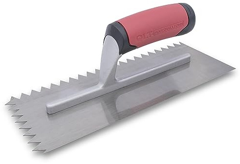 Marshalltown QLT Notched Trowels - Spot Welded (11 x 4-1/2), Soft Grip Handle Material, V-Shaped Notch Shape, 13mm X-Notch Size, 0mm Z-Notch Size, 12mm Y-Notch Size, Curved Handle Style, NT678