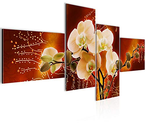 Runa Art Fiore Orchidea Quadri Moderni - Made In Germany - Murali Astratto Arancia Rosso 4 Pezzi 203742a