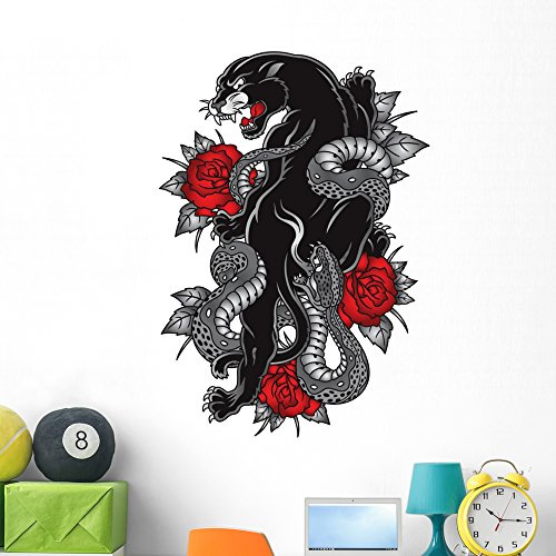 Wallmonkeys Panther Snake Roses Tattoo Wall Decal Peel and Stick Floral Graphic (48 in H x 40 in W) WM362469