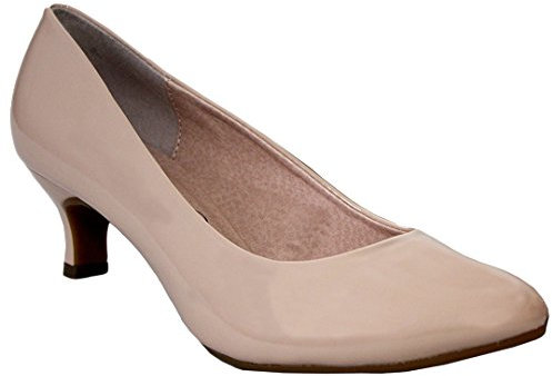 Comfort Plus Ladies Kitten Heels Womens Flexi Sole Court Shoes Pumps Wide E Fitting Classic Casual Formal Wider Fit Work Office Comfy Smart Comfortable Slip On Shoe Low Mid Heel(Nude Patent, UK 5)