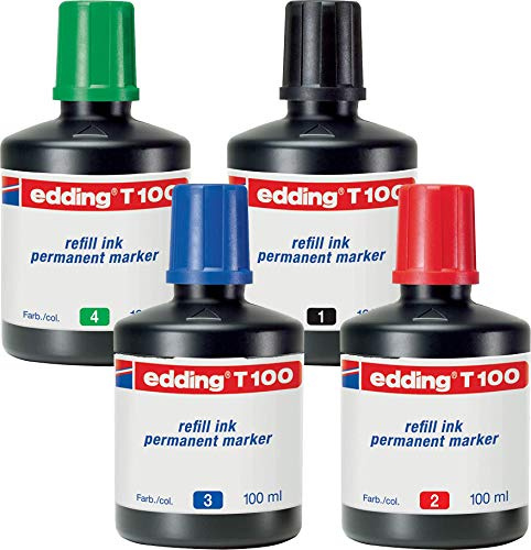 edding T100 Permanentmarker Nachfülltinte - Alle 4 Farben - Inhalt: 4x 100ml - Tusche für edding Permanent Marker (auch EcoLine)