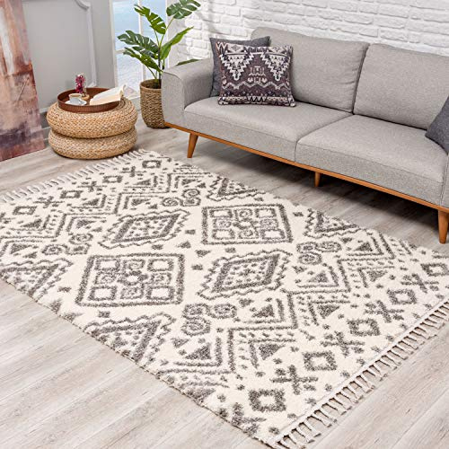 carpet city Teppich Hochflor Wohnzimmer - Ethno Geo Design 120x160 cm Creme Grau - Teppiche mit Fransen