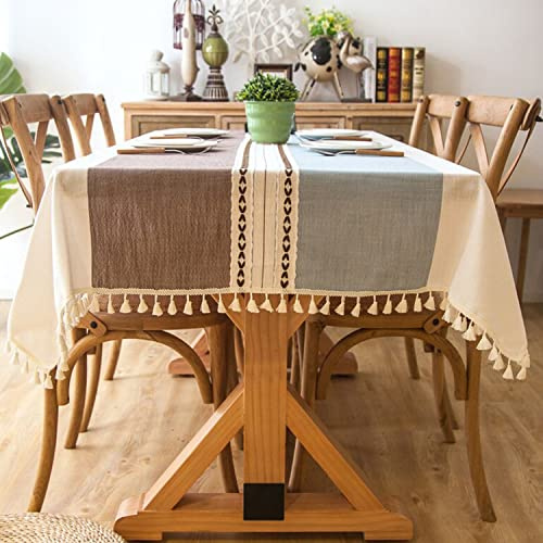 Lifetooler Tischdecke Abwaschbar Baumwolle Leinen Tischtuch Quaste Design Tischdecke staubdicht Rechteckige Tischabdeckung für Home Küche DekorationBlau-Kaffee Streifen, 140x180cm