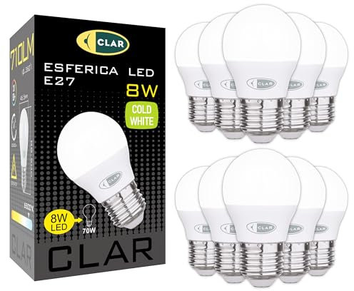 CLAR - Lampadine LED E27, Luce Fredda, Piccola, 8W (Pack 10)