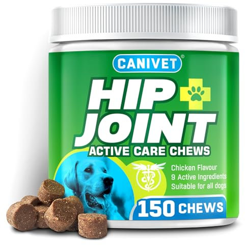 CANIVET Hip & Joint Care for Dogs | 150 Chews | Inc. Green Lipped Mussel, Glucosamine, Chondroitin, Hemp Oil, MSM, Hyaluronic Acid, Manganese & Vitamins. Chicken Flavour Joint Supplements for Dogs.