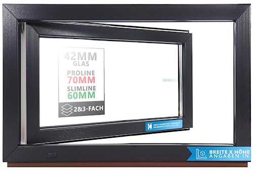 Kellerfenster Kunststofffenster anthrazit, BxH: 50 x 80 cm / 500 x 800 mm Verglasung (42 mm) Dreh-Kipp inkl. Pilzkopfverriegelung, DIN Rechts (Griff Links), 70 mm Profil
