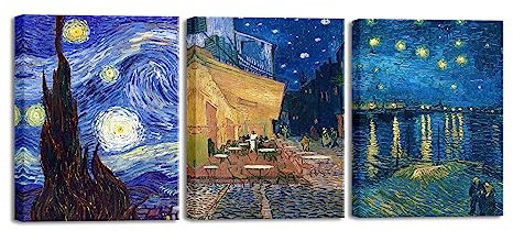 Wieco Art Impression sur toile à 3 panneaux de peintures de Vincent Van Gogh Reproduction de peintures de nuit étoilée sur le Rhône Café Terrasse la nuit Art mural pour décoration murale de salon,