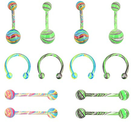 Longbeauty 12 Stk Piercing Set Edelstahl Körperpiercing Hufeisen Barbells für Zunge Nase Bauchnabel Punk Piercing Schmuck, Stil C