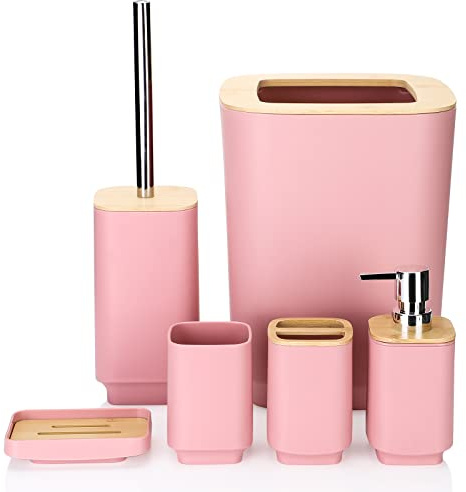 JOTOM Bamboo Bathroom Accessories Set of 6 Modern Design 6 Pieces Bathroom Accessory Set Soap Dispenser Toothbrush Holder Tooth Mug Soap Dish Toilet Brush Rubbish for Bathroom Home Decor (Pink)